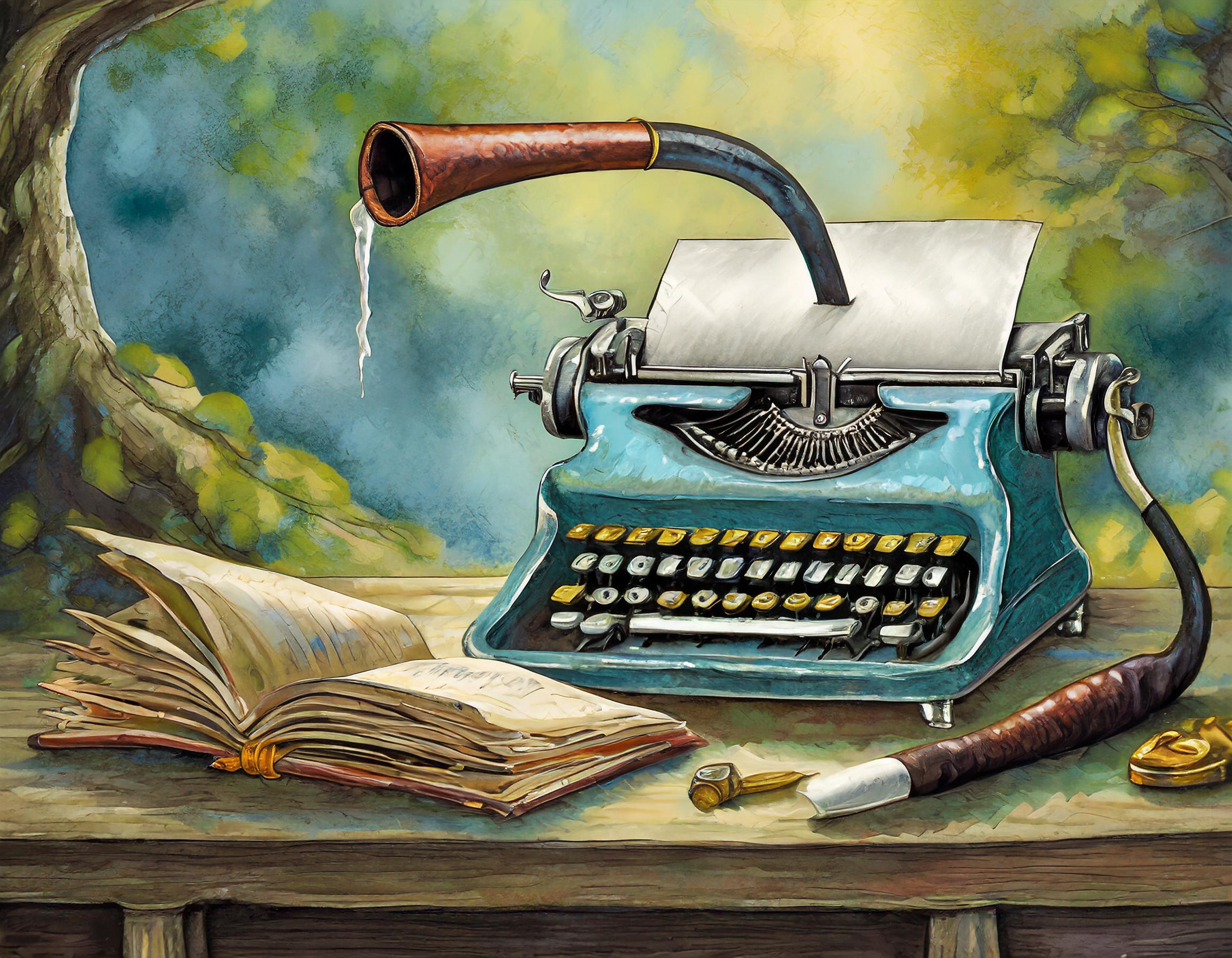 Digitally generated AI "painting" of a blue typewriter with a tube oozing a saliva-like fluid protruding from the paper and another tube that resembles the mouthpiece of a hookah protruding from the cylinder knob